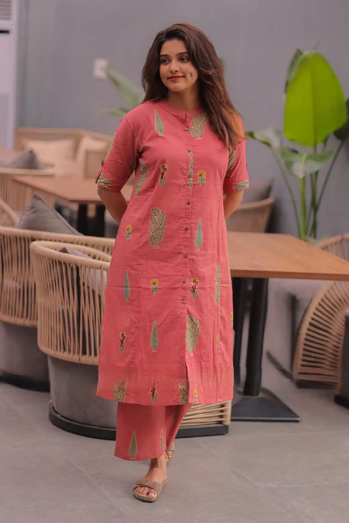 Dusty Rose Pink Floral & Leaf Block Print Look Kurta with Straight Pant.png